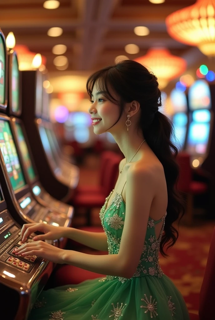 Elegant and Realistic Asian Girl wearing Green and White Party Dress Playing Slot Gambling