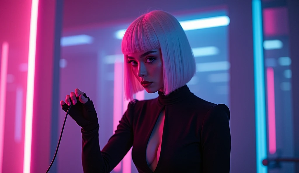 Cyberpunk-style photo of a young woman with a sharp bob haircut, white hair with a single pink streak, and a mysterious expression. She’s wearing a sleek, futuristic black and white outfit, holding a thin cable between her fingers. The character is standing in a dimly lit, high-tech interior with deep purple and blue neon lighting. The scene is shot with a cinematic focus, emphasizing the contrast between the vibrant lights and shadows, mid-level framing from the waist up, on a Sony A7R IV with a 50mm lens, (in the style of Blade Runner-inspired photography by Liam Wong:1.4).