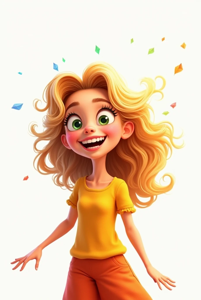 Woman white skin curly hair blonde color green eyes very happy smilling pixar style white background