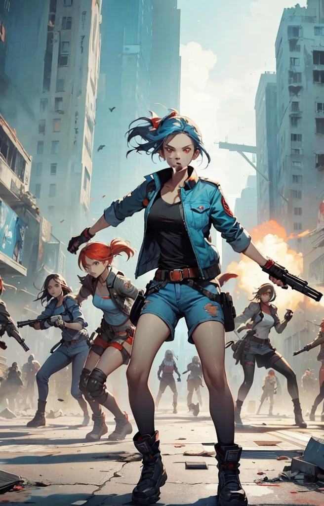 American comics style. The picture shows eight girls. One stands in front, and the rest are on the sides and behind it in a triangle. They are wearing tight clothes, tight jeans. They have pistols in their hands that shoot light. They are standing on the streets of New York during the black substance apocalypse. Behind are destroyed buildings and cars. The whole picture is in black, red, blue, orange and white. Girls have a light red skin tone. Their eyes are red and blue. Everyone has a slender figure, a slender, not round face. Clothing in red, white, blue, black. Dark orange blue theme.All girls have a tail on their head.