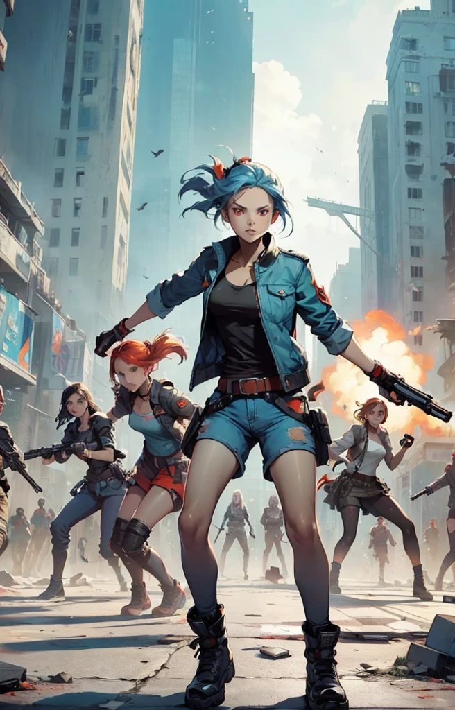 American comics style. The picture shows eight girls. One stands in front, and the rest are on the sides and behind it in a triangle. They are wearing tight clothes, tight jeans. They have pistols in their hands that shoot light. They are standing on the streets of New York during the black substance apocalypse. Behind are destroyed buildings and cars. The whole picture is in black, red, blue, orange and white. Girls have a light red skin tone. Their eyes are red and blue. Everyone has a slender figure, a slender, not round face. Clothing in red, white, blue, black. Dark orange blue theme.All girls have a tail on their head.