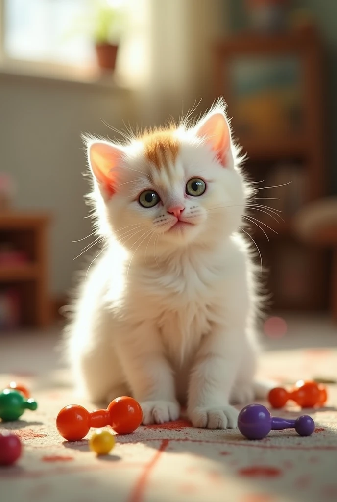 white kitten, big green eyes, big belly, brown spot on head, short hair