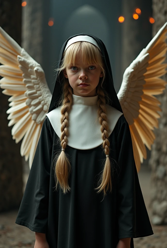 ultra realistic 8 , cos , long blonde hair with braided fringe , nun , flat breasts , , knickers , menacing face , ángel wings , Dungeonpunk . ssmile,