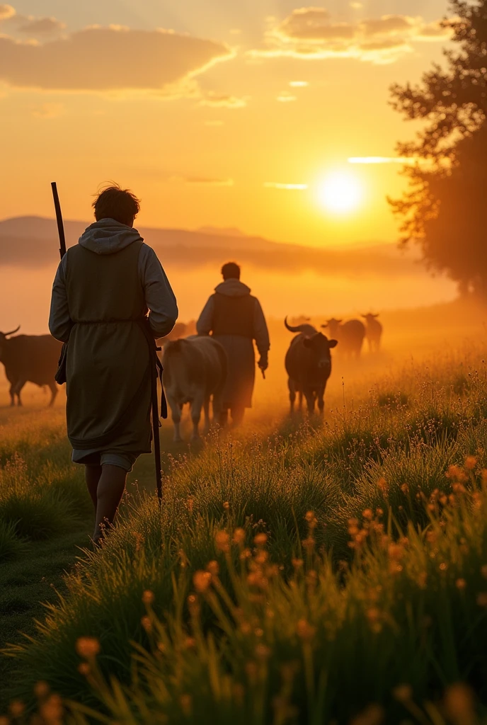 A green field wet with dew, the sun rising from the east, shepherds leading cows
