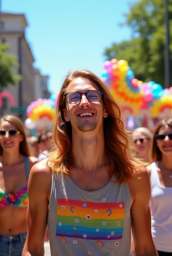 CREATE A 25 YEAR OLD MAN, with long straight hair, round glasses in an lgbt cartoon parade