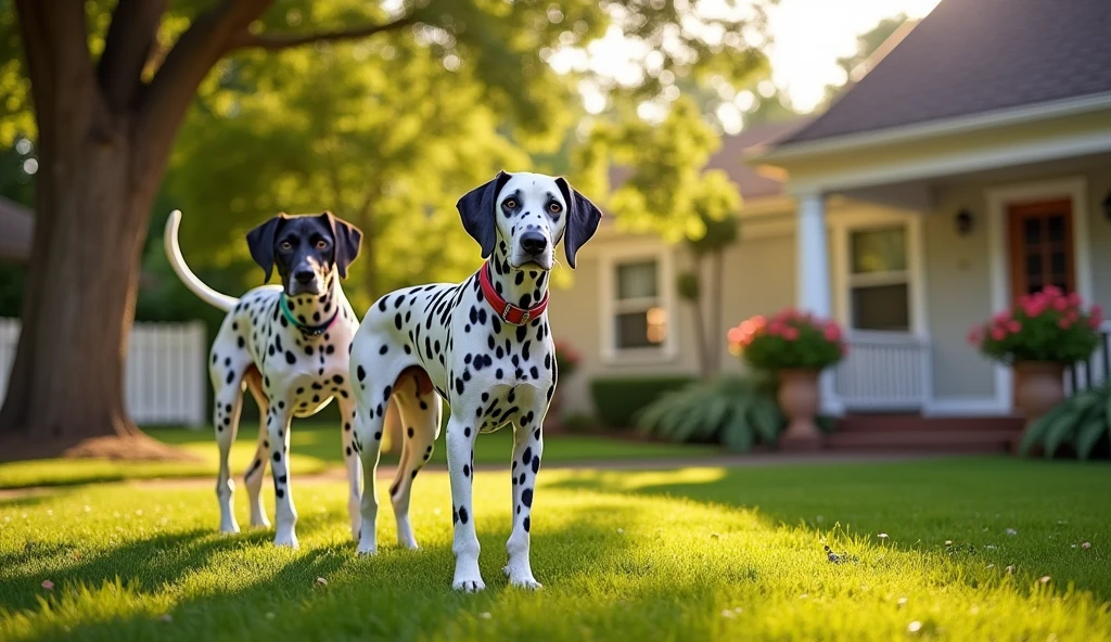 Dalmatian dogs guarding the house located on the right of the image