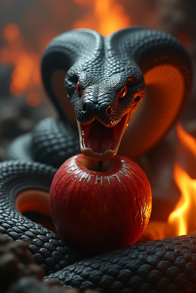A python snake with its mouth open, wanting to attack, looking forward., The serpent's tail is wrapping around an apple in the middle of the darkness of hell surrounded by a lot of fire, The apple has letters written on it that say ELOHIM, the python snake looking darkly