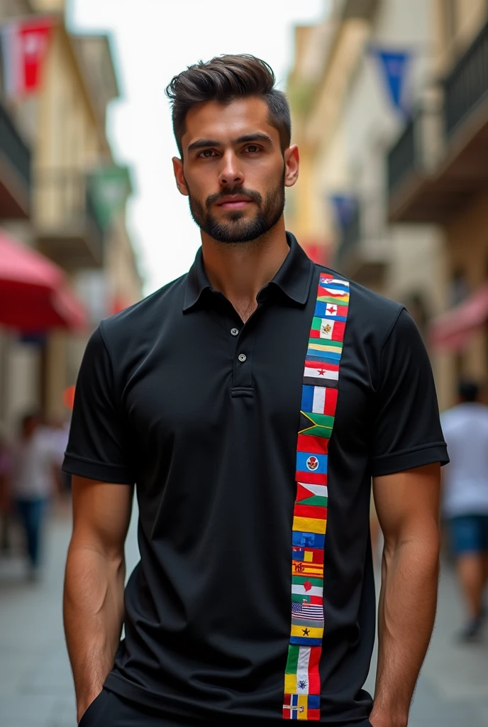 Plain black polo shirt having flags of 100 country arranged vertically and horizontally on it in HD