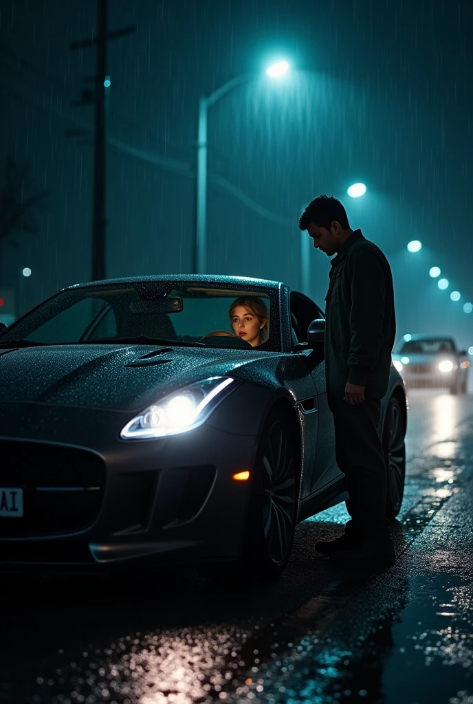 Scenario: A rainy night, a modern car broken down with the hood open on a dark road. a young woman inside the car and a young mechanic in front of the open hood fixing the vehicle.