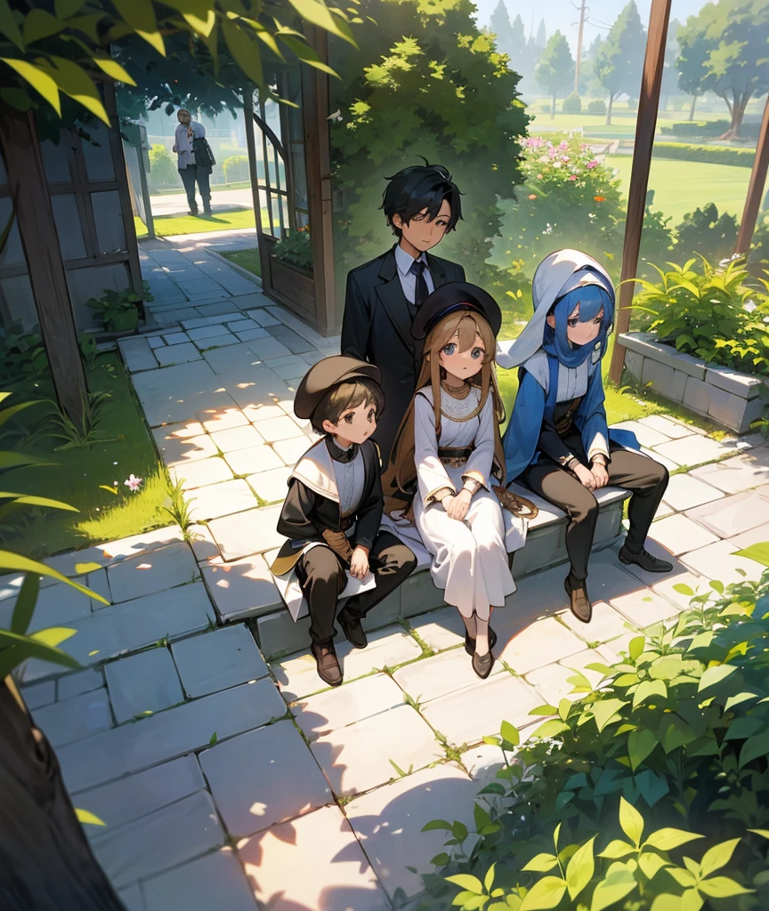Two boys and three girls are sitting in the garden. Their names are Afia, Mohammad, Al Amin, Samia and Sumaiya. They are wearing hats and their names will be written on the hats.