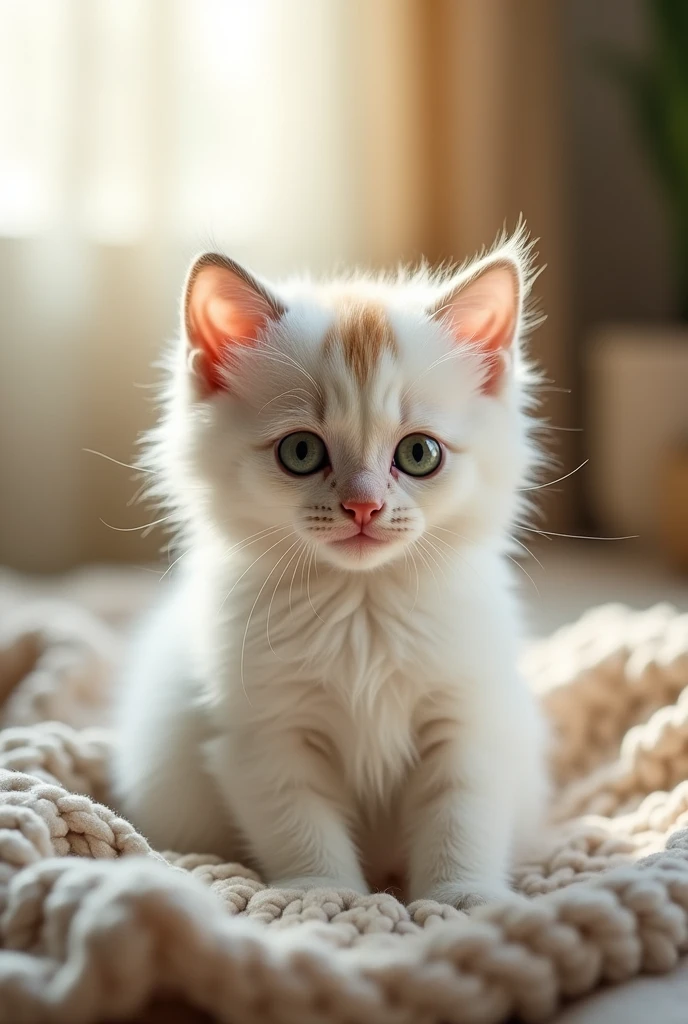 white kitten, big green eyes, big belly, brown spot on head, little hair