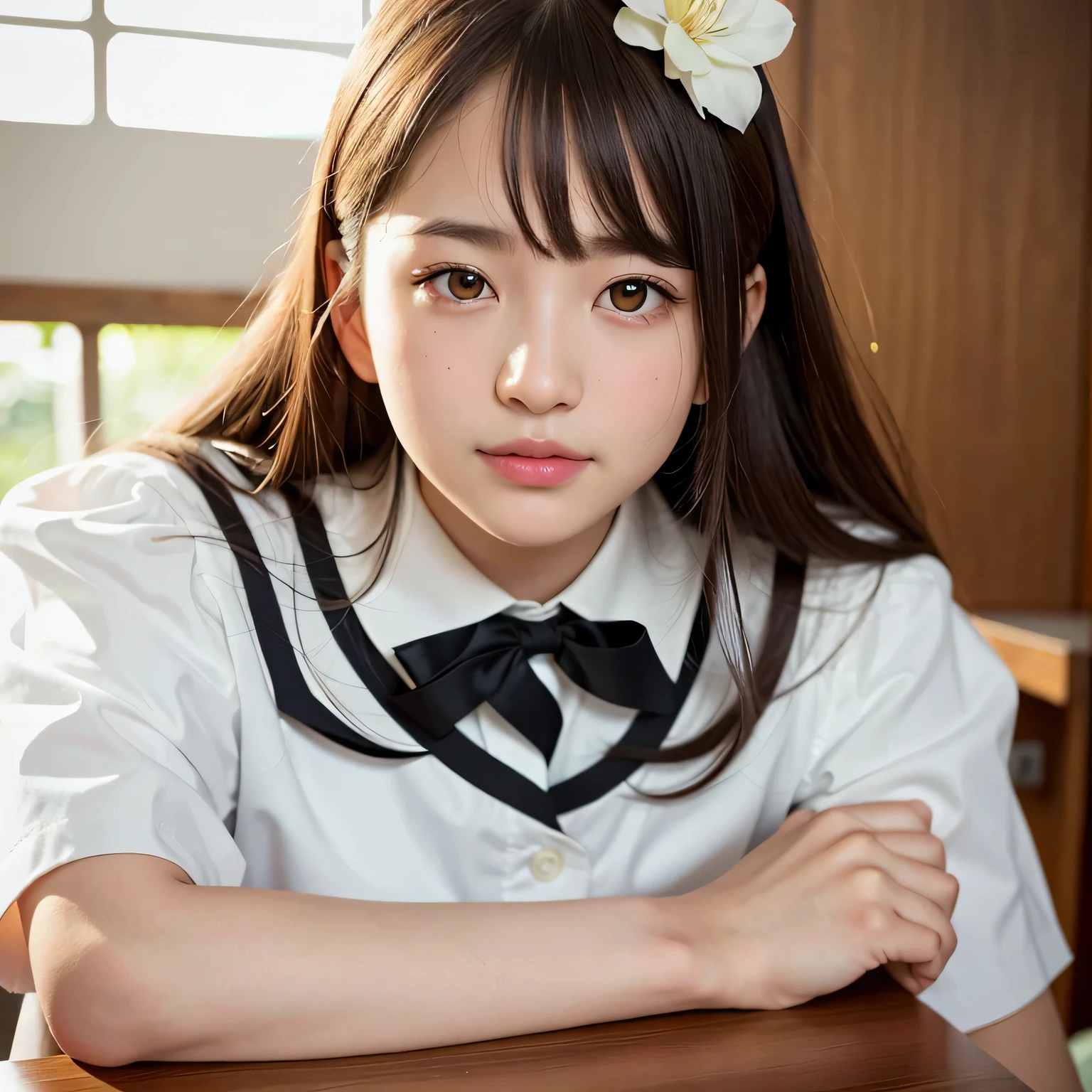 Highest quality, Face Focus, Soft Light, Ultra-high resolution, (Realistic:1.4), RAW Photos, One of the Japan, alone, cute, (pupil, light in your eyes), Beautiful face in every detail, (Small Box),(High resolution detail of human skin texture), (Medium-long hair),In the classroom , Wearing a high school uniform, (Portraiture),smile