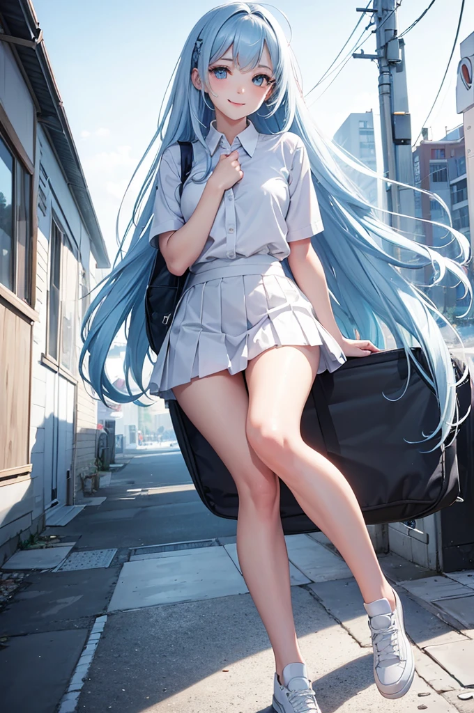 Best Quality,High resolution,8k,(white background),The background is pure white,No background,Masterpiece:1.2),beautiful girl,Shiny light blue hair,messy hair,Light blue eyes,Gentle look,A refreshing look,smile,Best quality,Best Quality,Aesthetic and aesthetic:1.2,Best details((Super detailed))(High-definition CG illustrations),school uniform,Slender body,smile,blush,cute,Scrounge,Looking up,Being spoiled,super model,full body