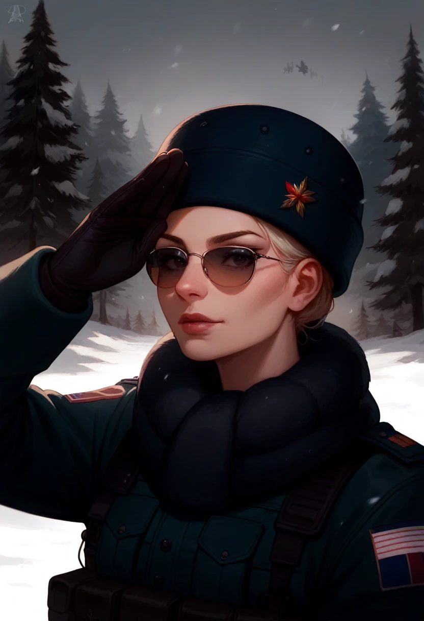 (4K), (best quality), (Best details), (ultra realistic), Kai'sa, russian soldier, winter, snow storm, russian hat, sunglasses, beautiful, soldier's salute, looking at viewer, winter war.