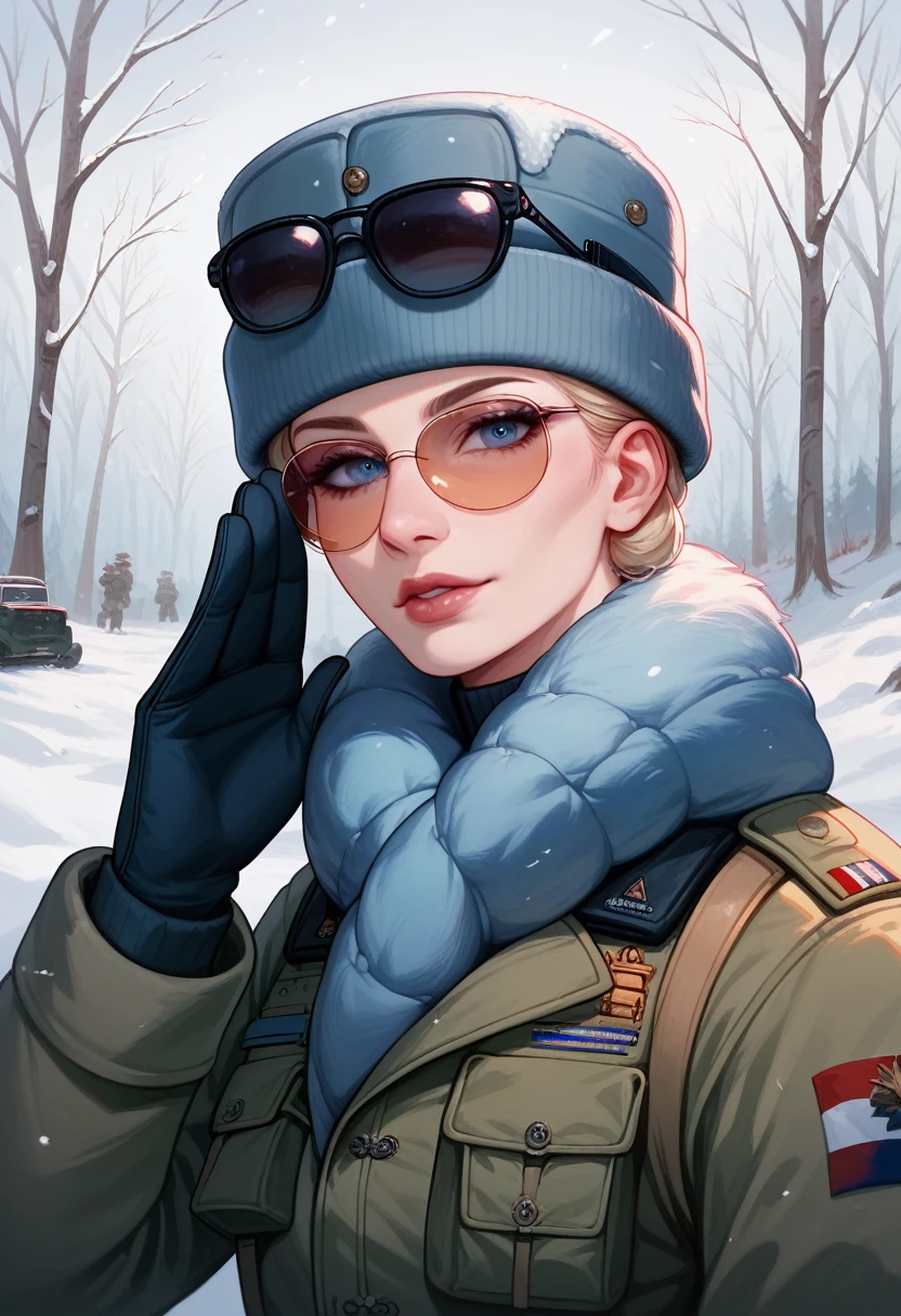 (4K), (best quality), (Best details), (ultra realistic), Kai'sa, russian soldier, winter, snow storm, russian hat, sunglasses, beautiful, soldier's salute, looking at viewer, winter war.