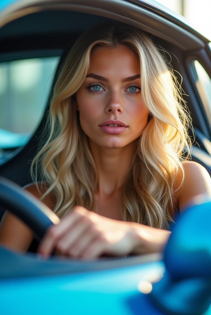 realistic detailed portrait of a beautiful 20 year old woman, long blonde flowing hair, piercing blue eyes, high cheekbones, driving a sleek sports car,photorealistic, 8k, cinematic lighting, gorgeous blue paint job on the car, steering wheel in focus, action pose, dynamic composition, stunning colors, hyper detailed