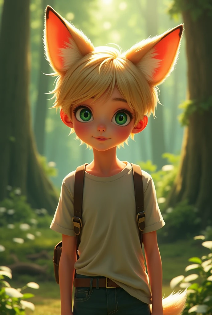 (photorealism:1.2), blonde, young guy, , fox  ears, one eye is green, other eye is grey-green