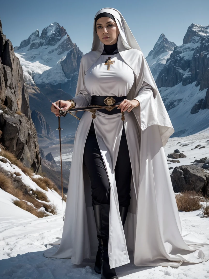 (masterpiece, top quality, best quality, official art, beautiful and aesthetic:1.2), (1girl:1.3), ((Sharp facial features, sharp features, hawkish features)), ((grey eyes)), busty paladin knight girl, extremely detailed, portrait, looking at viewer, solo, (full body:0.6), detailed background, full-body shot, (cold mountain nighttime glacier theme:1.1), holy knight, (nun), charlatan, smirk, mysterious, swaying in mountains, armor, polished metal, gold trim, long boots, white fabric, pelvic curtain, robe, pale leather, ((((nun, crossbow, heavy armor, armored, long legs, robes, prayer scrolls, toned, muscular)))), slim waist, slim hips, long legs, medieval (mountain exterior:1.1) background, dark mysterious lighting, shadows, magical atmosphere, dutch angle