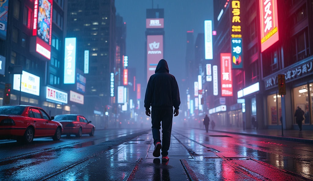 ((Best Quality, 8k, Masterpiece:1.3)), Focus:1.2, .painting of a man in a hoodie with hood up walking down a empty city street in the rain, in a futuristic cyberpunk city, cyberpunk dreamscape, cyberpunk street, cyberpunk themed art, in cyberpunk city, in a cyberpunk city, cyberpunk vibrant colors, at a cyberpunk city, cyberpunk vibes, at an cyberpunk city, cyberpunk art style, dreamy colorful cyberpunk colors, cyberpunk lights, cyberpunk city street