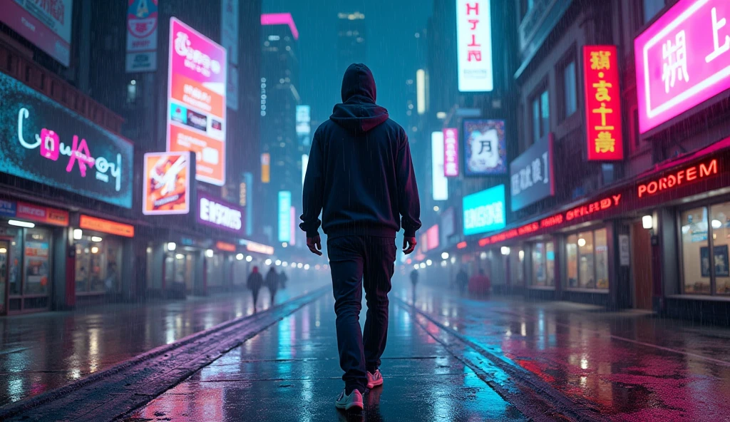 ((Best Quality, 8k, Masterpiece:1.3)), Focus:1.2, .painting of a man in a hoodie with hood up walking down a empty city street in the rain, in a futuristic cyberpunk city, cyberpunk dreamscape, cyberpunk street, cyberpunk themed art, in cyberpunk city, in a cyberpunk city, cyberpunk vibrant colors, at a cyberpunk city, cyberpunk vibes, at an cyberpunk city, cyberpunk art style, dreamy colorful cyberpunk colors, cyberpunk lights, cyberpunk city street