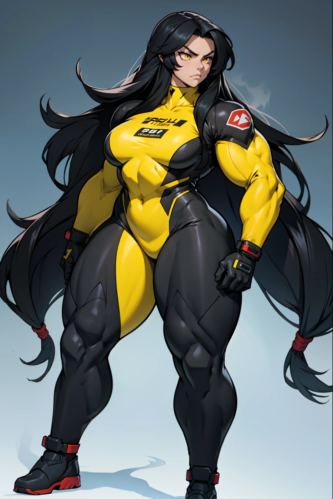 (((((Massive Female Bodybuilder))))), , ,
((((Muscular Quadriceps)))), , ,
((((Huge breasts)))), , ,
1, , (NSFW:1.5), ((grey background)) pale skin black hair yellow eyes (very long hair) angry ((1 girl curvy wide hips thick thighs thin waist)) (full body solo) standing (long sleeves leotard arms over head)