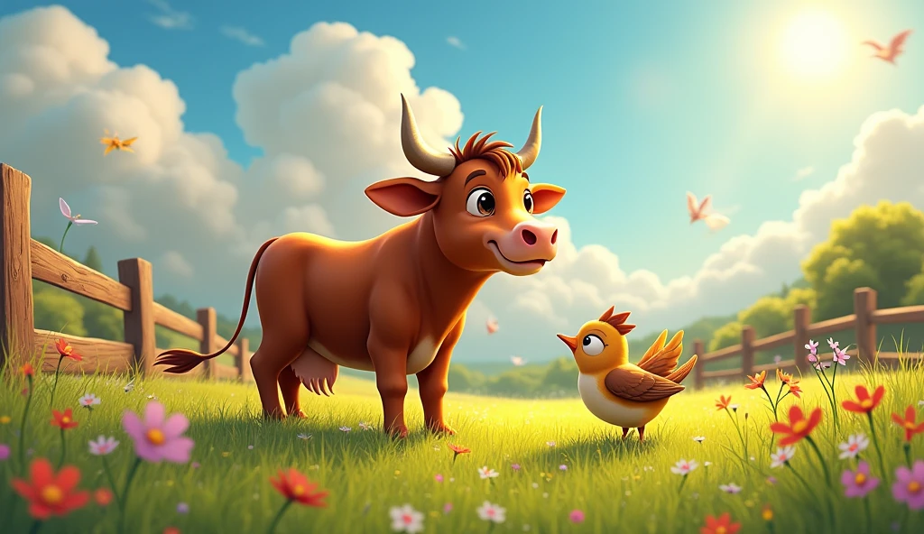 bull and sparrow in vibrant farmyard had friendly conversation for kids cartoon
