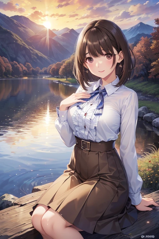 anegasaki nene、Shiny brown hair, short hair, (Beautiful brown eyes、Sparkling eyes, Fine grain)、smile、Ultra-detailed eyes、Highly detailed face, Highly detailed eyes,
(Highest quality、4K、8k、High resolution、masterpiece: 1.2)、The evening wind is long,Autumn water,Mountainside Sunset,Gooseback Sun