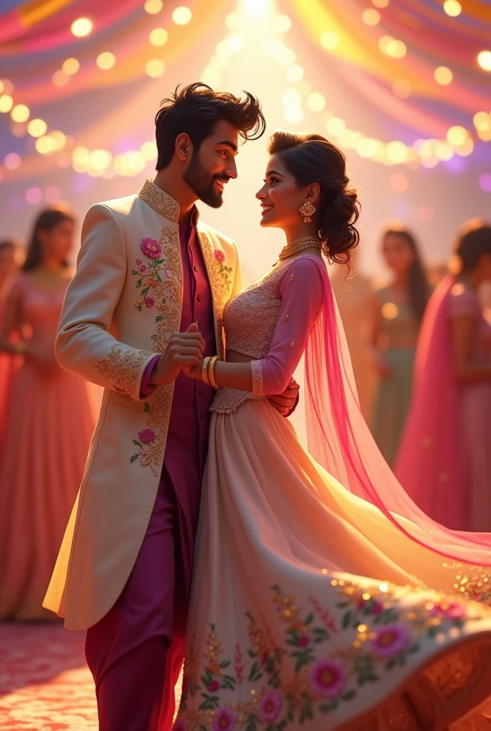 I want to create an image from disney pixar character for a couple who are really enjoying themselves. I want it to be a pixar art animation and the event is ladies sangeet of their marriage in india. and dress of bride will be a lehnga with cream colour and it is  full of floral patterns of green and pink mini flowers covered fully and dupatta is also pink. She has very beautiful mehndi applied on her hands .And dress for Groom will be cream colored sherwani open at front with floral print of pink and green flowers and purple long kurta and cream trousers. Both are smiling and laughing in joy and extremely delightful and entire atmosphere is romantic. . Groom is looking at the bride and bride is looking at the front facing the camera and both are dancing. Groom is holding the bride and smiling at her.  bride is looking at the camera and laughing. groom has little beard .It should be based on disney pixar characters and both are dacing on a dance floor and its night time. Entire surroundings are such that thay are made for each other and will be having a life full of laughter and fun together. Please make this as a disney pixar animated picture and make the environment more romantic.