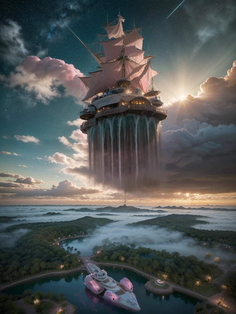 (8k, highest quality, masterpiece, final fantasy style: 1.2), (unRealistic, photoRealistic: 1.37), Dreamy landscape, Fantasy, Unsurreal landscapes, Super detailed, Flying Castle, Floating Island in the Sky, Seven-colored swirl of light, Intense lightning, milky way, Complex Light, Colored light, Large Lake, Starry sky reflected on the lake surface, Countless shining stars, Meteors,  Reflections , (A pillar of light emanated from the ground:1,2), (((roses and orchids gardens , bright day , pink clouds, waterfalls in the sky, realistic style, Hyperrealism drawing, a flying pirate spaceship floating above the  clouds)))) , burning skyscrapers, , timeless realms, stunning  princess  ,  casting spell, healing light magic effect, in a magical lagoon of the fairyland, crystal clear water surface reflections, sharp focus, looking at viewer, (close-up:0.9), (bright white theme:1.2), (bright white tone:1.2), (deep blue tone:1.3),((( realistic, Hyperrealism, vivid colours , landscapes , alien cyborgs , science fiction themes))), 