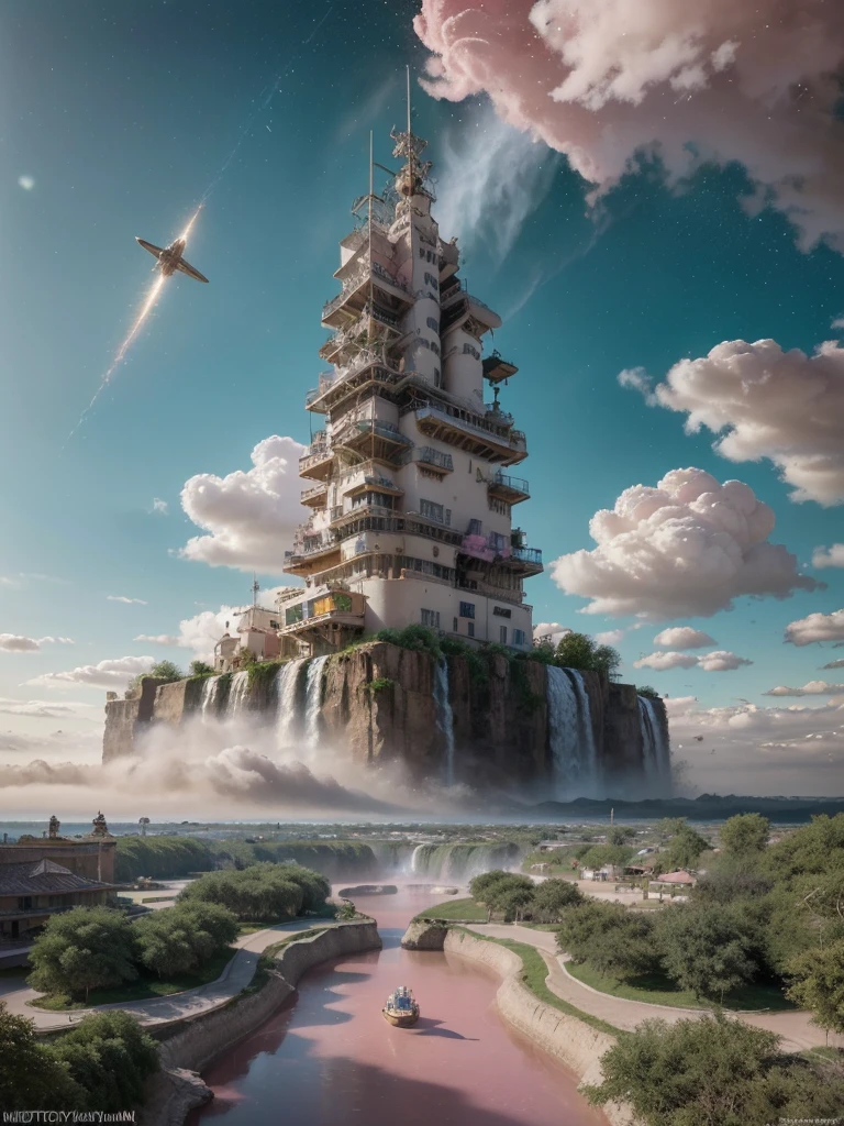 (8k, highest quality, masterpiece, final fantasy style: 1.2), (unRealistic, photoRealistic: 1.37), Dreamy landscape, Fantasy, Unsurreal landscapes, Super detailed, Flying Castle, Floating Island in the Sky, Seven-colored swirl of light, Intense lightning, milky way, Complex Light, Colored light, Large Lake, Starry sky reflected on the lake surface, Countless shining stars, Meteors, Reflections , (A pillar of light emanated from the ground:1,2), (((roses and orchids gardens , bright day , pink clouds, waterfalls in the sky, realistic style, Hyperrealism drawing, a flying pirate spaceship floating above the clouds)))) , burning skyscrapers, , timeless realms, stunning princess , casting spell, healing light magic effect, in a magical lagoon of the fairyland, crystal clear water surface reflections, sharp focus, looking at viewer, (close-up:0.9), (bright white theme:1.2), (bright white tone:1.2), (deep blue tone:1.3),((( realistic, Hyperrealism, vivid colours , landscapes , alien cyborgs , science fiction themes))),