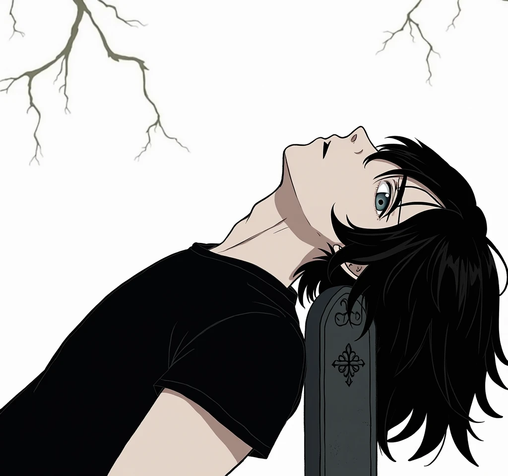 A guy with long black hair, with grey eyes, in a black T-shirt, is sad, Beautiful face, beautiful body, sitting leaning against the tombstone, anime art, masterpiece, realistically