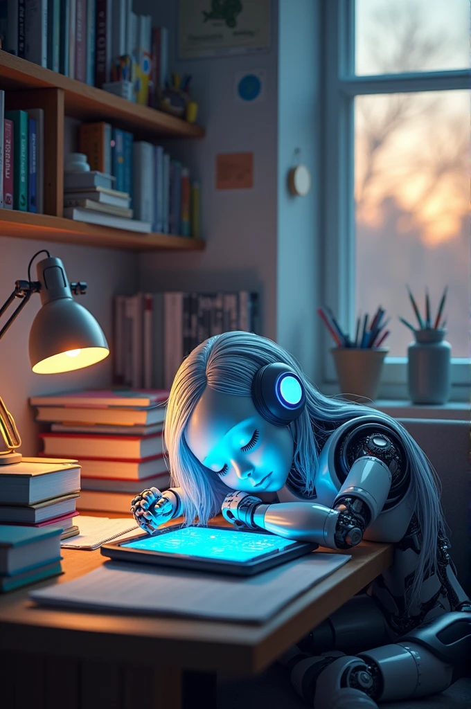 The robot girl fell asleep while preparing the lesson