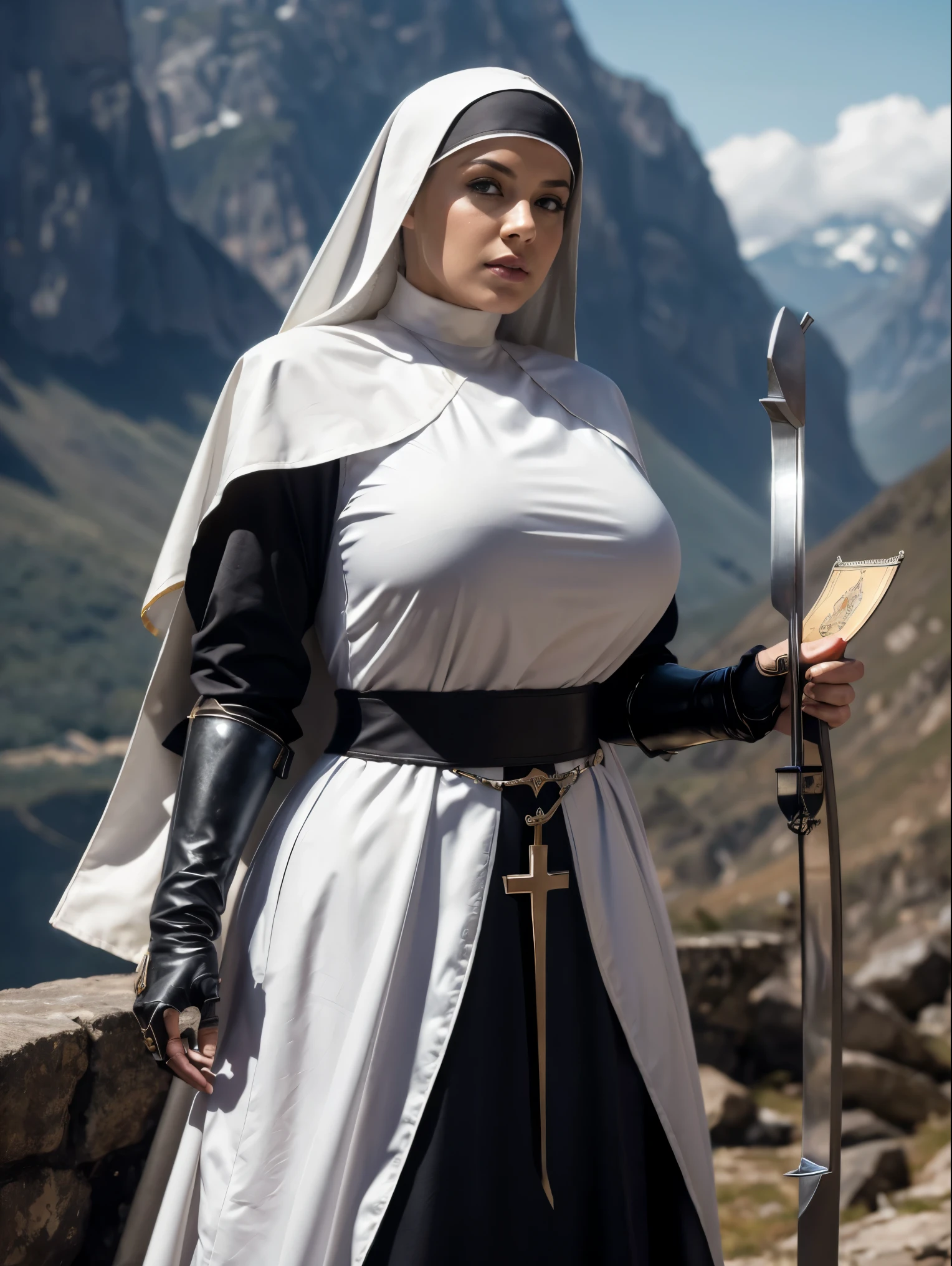 (masterpiece, top quality, best quality, official art, beautiful and aesthetic:1.2), (1girl:1.3), ((Sharp facial features, sharp features, hawkish features)), ((grey eyes)), busty paladin knight girl, extremely detailed, portrait, looking at viewer, solo, (full body:0.6), detailed background, full-body shot, (cold mountain nighttime glacier theme:1.1), holy knight, (nun), charlatan, smirk, mysterious, swaying in mountains, armor, polished metal, gold trim, long boots, white fabric, pelvic curtain, robe, pale leather, ((((nun, crossbow, heavy armor, armored, long legs, robes, prayer scrolls, toned, muscular)))), slim waist, slim hips, long legs, medieval (mountain exterior:1.1) background, dark mysterious lighting, shadows, magical atmosphere, dutch angle
