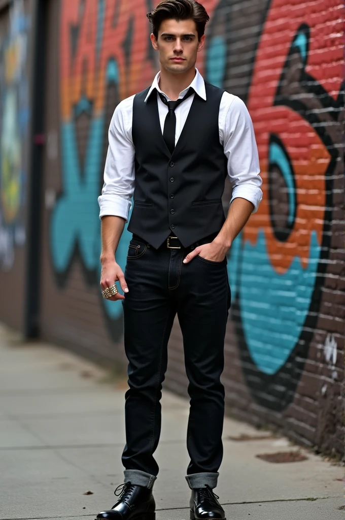 Stiles Stilinski in a white shirt with sleeves rolled up to the elbow, a black tie and a vest of the same color over it, black jeans and matching shoes, In his hands he has some rings