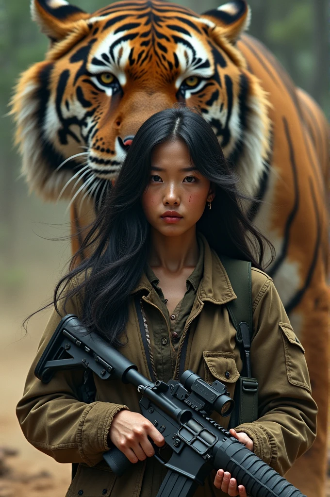 A half Asian and half European woman stands in a swagger slightly to the left of the scene. She has long black hair and wears a brown jacket while hiking. She holds an M16 rifle in both hands. Her body has minor wounds and stains on it, and there is a light golden dust floating around in the background. In the background is a large tiger's face with dark green eyes, opening its mouth to roar with a fierce expression.