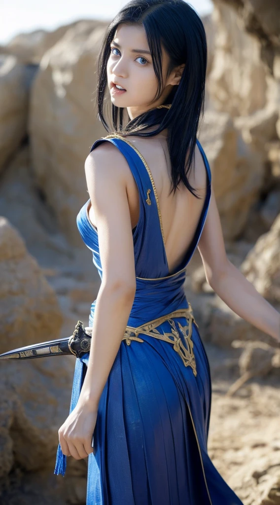 Woman, naked.with piercing blue eyes full of determination, her mouth open as if shouting or giving a command. Shoulder-length black hair tied at the back with a yellow ribbon, with some strands framing her face. Holding a sword with her right hand, resting it on her shoulder; the sword has a blue hilt with golden details. Her left hand holds a small dagger, ready to strike. Her posture shows she’s prepared for battle, embodying a brave and fierce warrior.