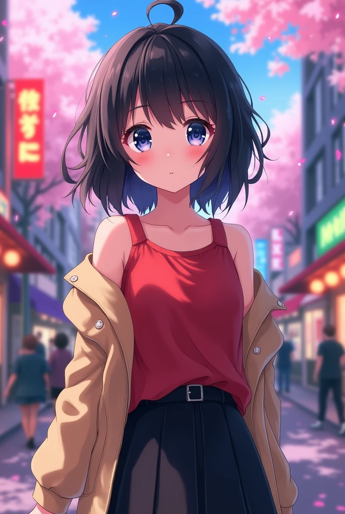 Anime girl with black medium-length hair, they are slightly disheveled at the top of their head. Blue eyes, a slight squint, wearing a red top and a black skirt with a beige jacket