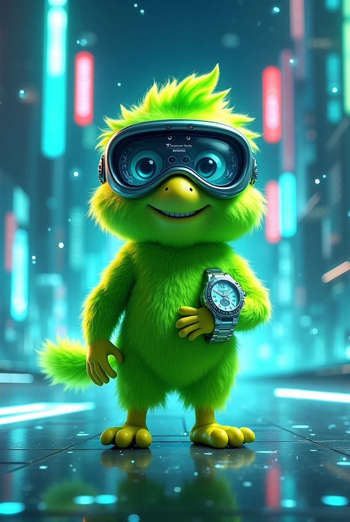 create a green mascot for a digital point company using a watch called Icarus