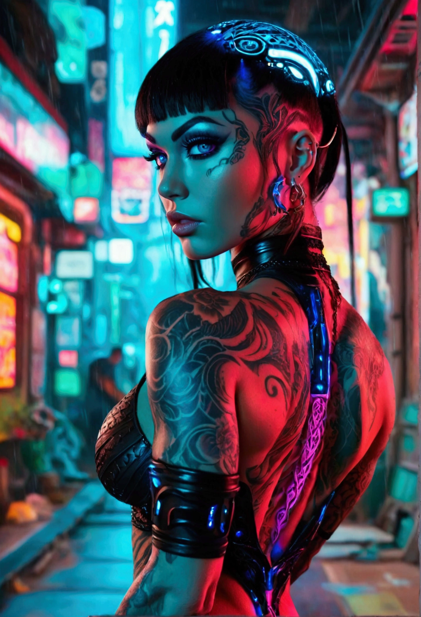 Create a hyper detailed photograph of a tattooed muscular young sexy kaiju , Stunningly perfect gorgeous feminine face, perfect makeup, detailed vibrant neon sapphire eyes, long hair, big beautiful muscular legs, big beautiful muscular arms, big back muscles, perfect body, muscular abs, detailed smooth skin, big breast, big muscular ass, black lace dress, detailed realistic cyberpunk futuristic vehicle,