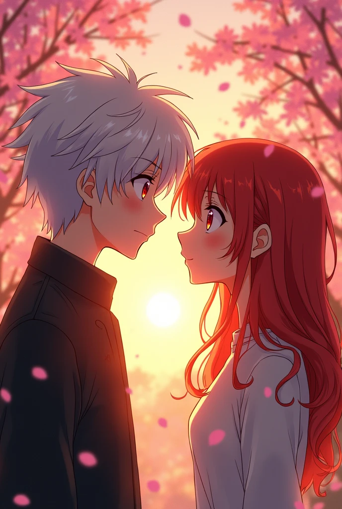 Have a white-haired, red-eyed teenager and a red-haired girl look at each other..
anime styling