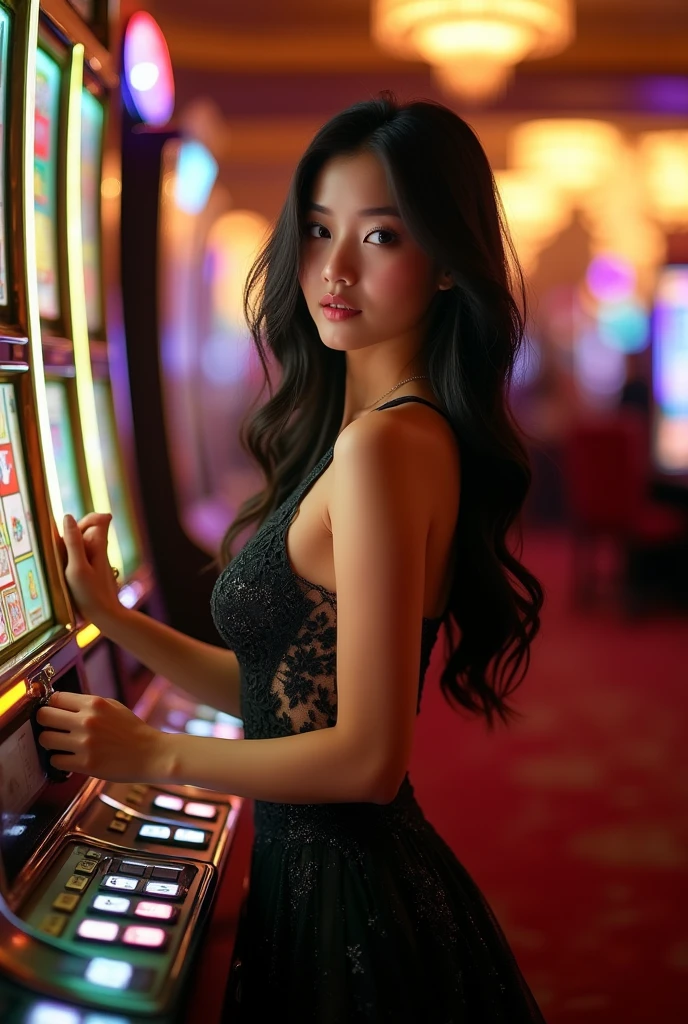 Elegant and Realistic Asian girl wearing a Black party dress, red, Kuning, Green Dan is playing Slot Gambling