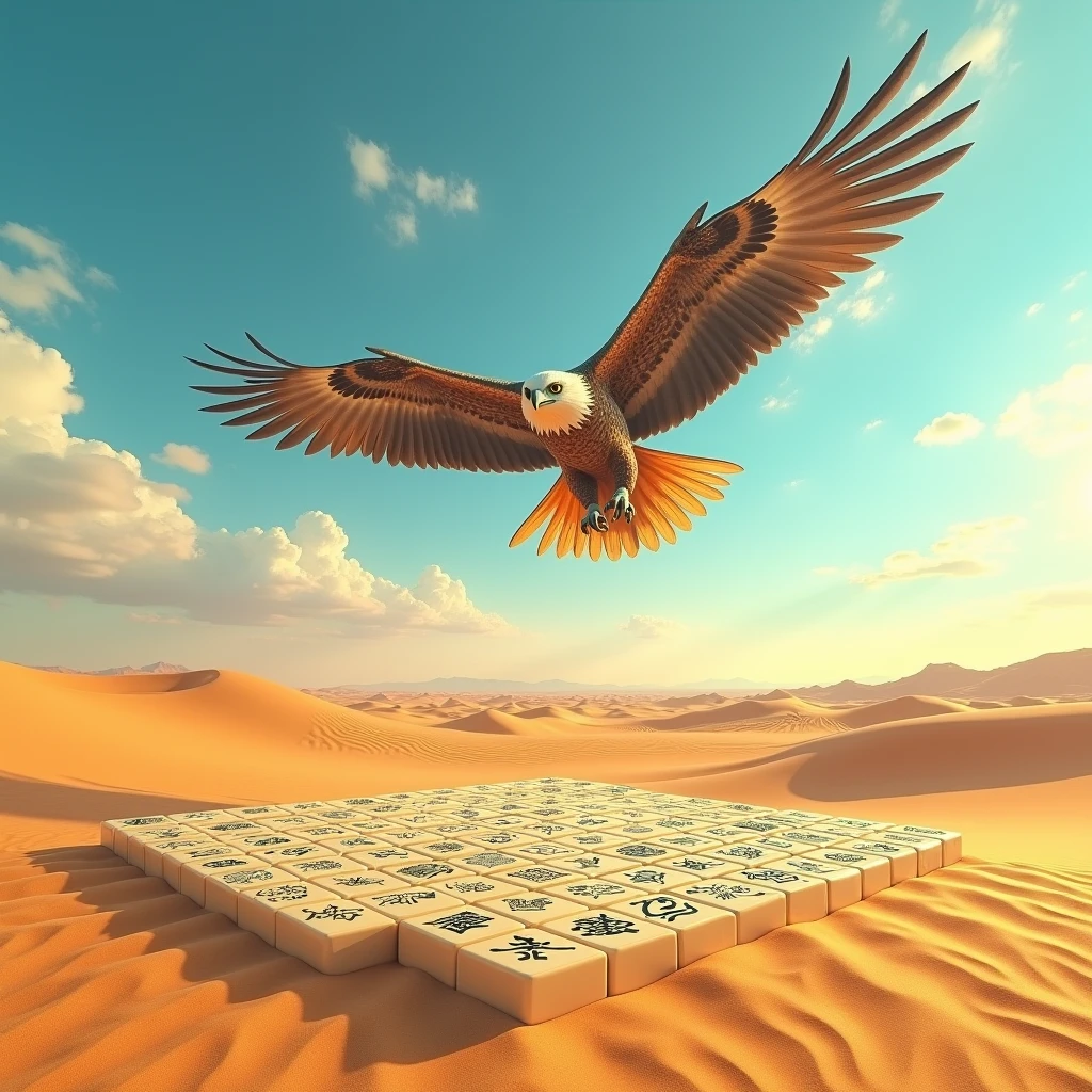 BIG EAGLE HUNTING MAHJONG BOARD IN THE MIDDLE OF THE DESERT, SOME OF THE BLOCK HAS BLACK CHARACTER