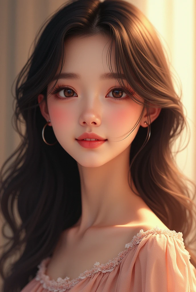 (ultra realistic), (illustration), (a high resolution), (8 K), (Very detailed), (Best illustration), (Beautiful and detailed Eyes), (Best quality), (Ultra detailed), (masterpiece), (wallpaper), (detailed Face), pores on the face,One,one girl,, Fine detail, detailed Face, (detail),(realistic lighting: 1.1),Image of a long-haired woman, smiling in the photo, in the style of the Federal Reserve, One charming Korean face, , Korean actress, , cute korean actress, gorgeous young korean woman,