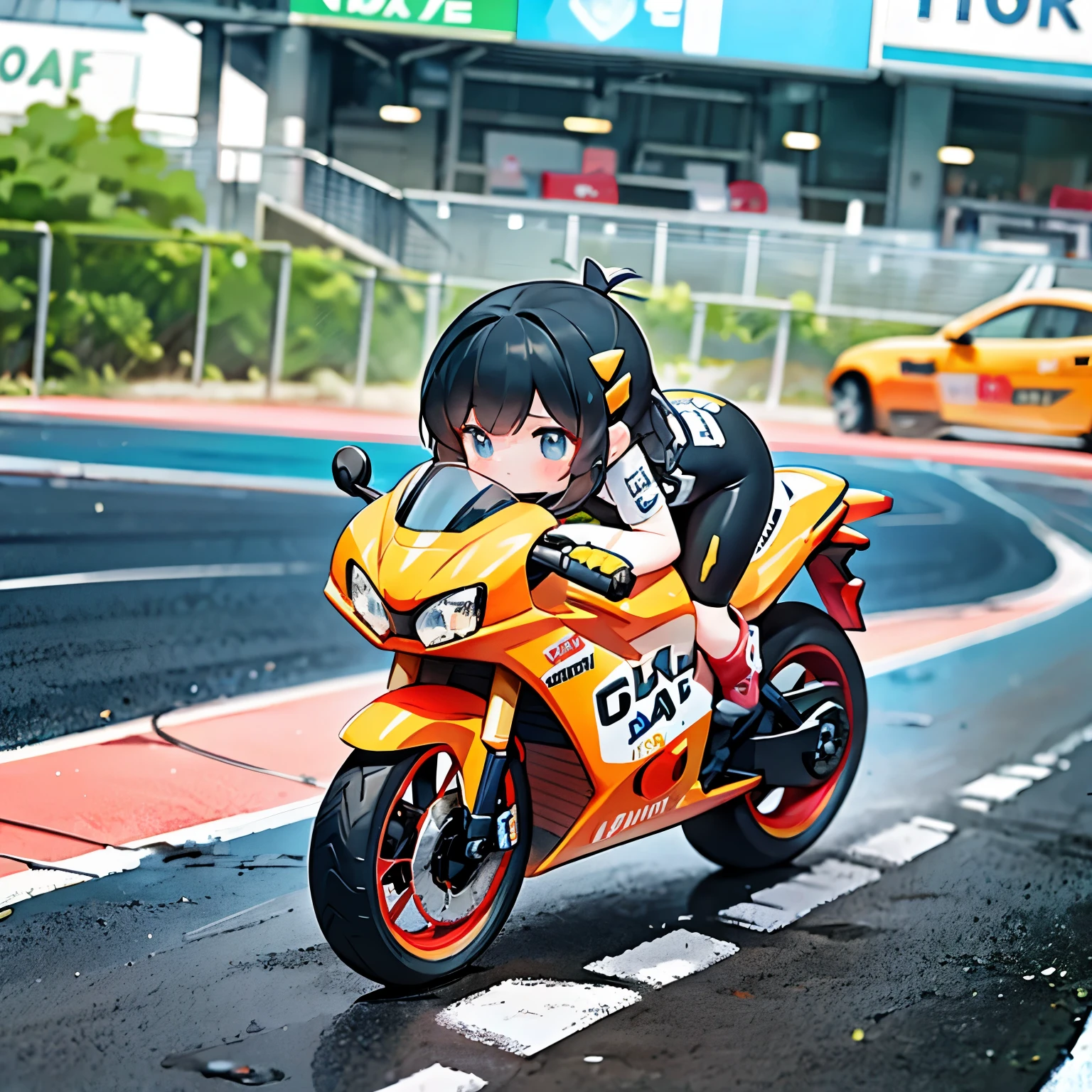 Little mascot girl, Rear view of a female racer racing on a road bike, Black Hair, semi-long, stylish, Road Bike Racing, Behind the scenes of a heated battle between multiple road racers, speed, boost mood, Panning View, A rear view of a female racer chasing another female racer in front of her, Chasing from behind, Back depiction，