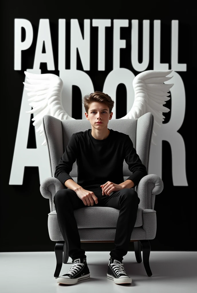 Create a 3D illusion for a picture where a boy 30 years in a black shirt sits casually on a Wingback Chair. Wearing sneakers ,, and , he looks ahead. The background features "painfull Ador" in big and capital white fonts on the black wall. There should not be his shadow, and there are wings to make it appear as if he is an angel.