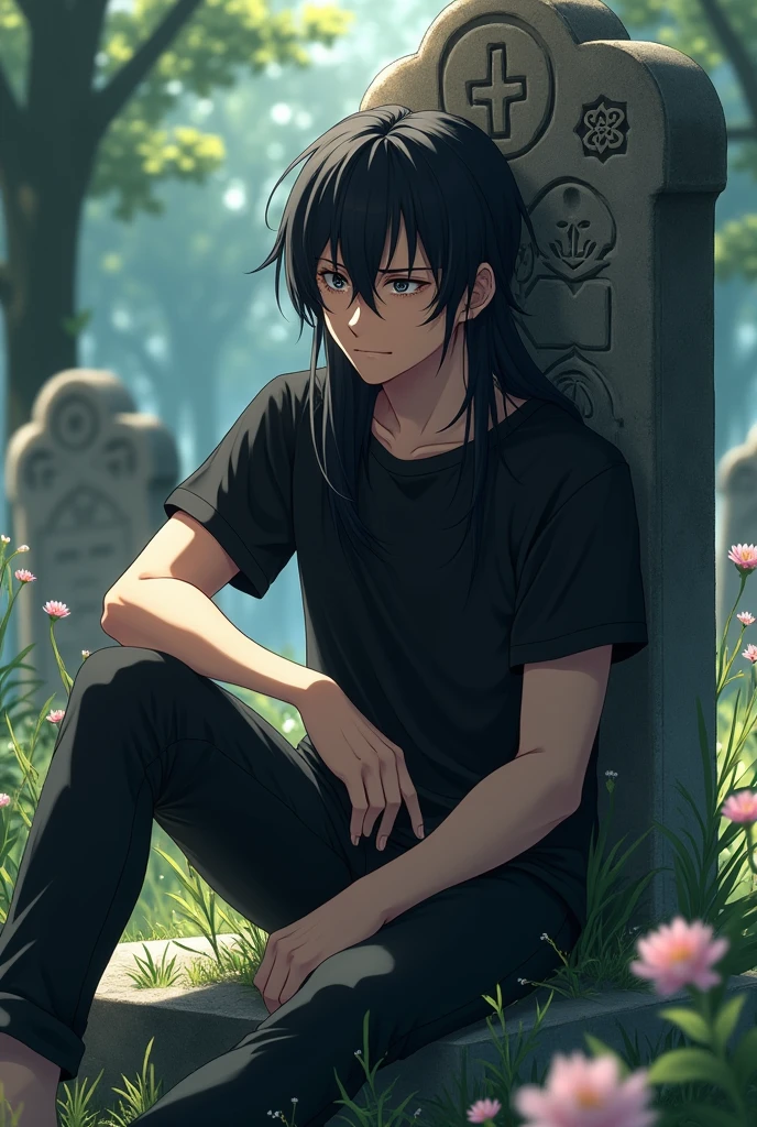 A guy with long black hair, with grey eyes, in a black T-shirt, is sad, Beautiful face, beautiful body, sitting leaning against the tombstone, anime art, masterpiece, realistically