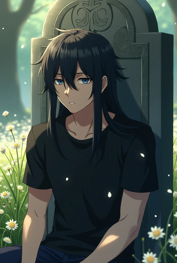 A guy with long black hair, with grey eyes, in a black T-shirt, is sad, Beautiful face, beautiful body, sitting leaning against the tombstone, anime art, masterpiece, realistically