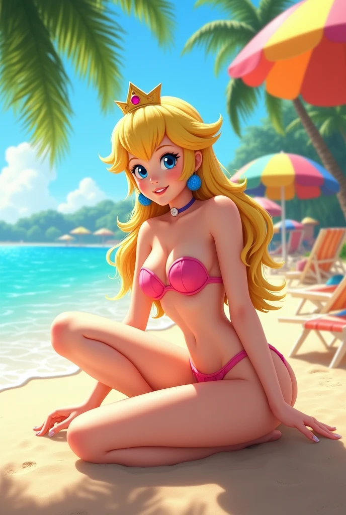 Princess Peach in a bikini showing her feet while sitting