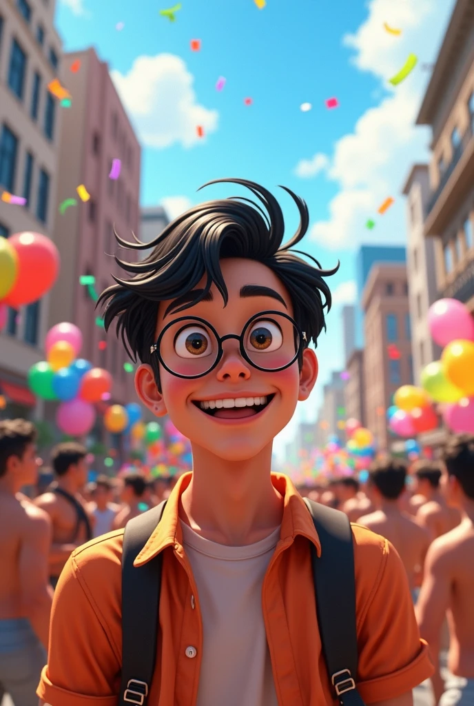 CREATE A 25 YEAR OLD MAN, with medium straight black hair, round eyeglasses at an lgbt pride parade in the pixar version