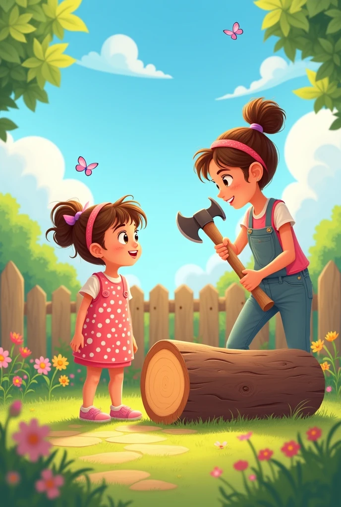A picture of a child in a pink dress watching his mother struggle to chop firewood. cartoon type